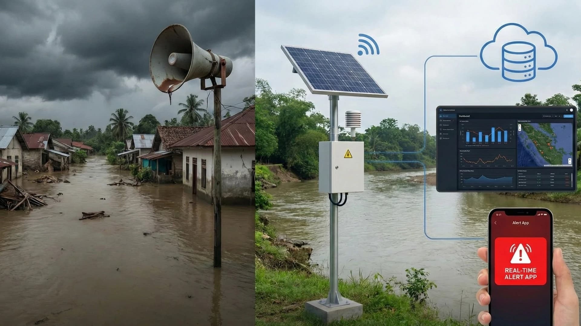 Gambar terbagi dua: kiri desa tergenang banjir dengan langit gelap dan sirene pengeras suara; kanan tepi sungai dengan alat pemantau banjir bertenaga surya terhubung nirkabel ke cloud, dashboard peta/grafik, dan ponsel menampilkan aplikasi peringatan real-time.
