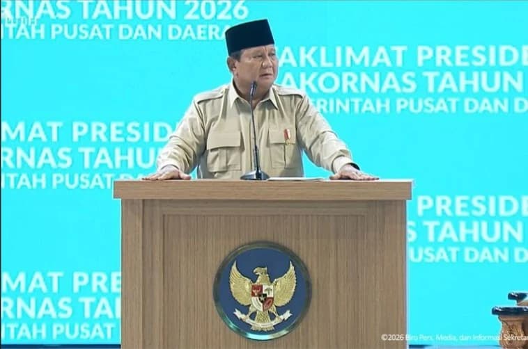 Presiden Prabowo Subianto saat memberikan taklimat dalam Rapat Koordinasi Nasional (Rakornas) Pemerintah Pusat dan Daerah 2026 di Sentul International Convention Center (SICC), Kabupaten Bogor, Jawa Barat, Senin (2/2/2026).