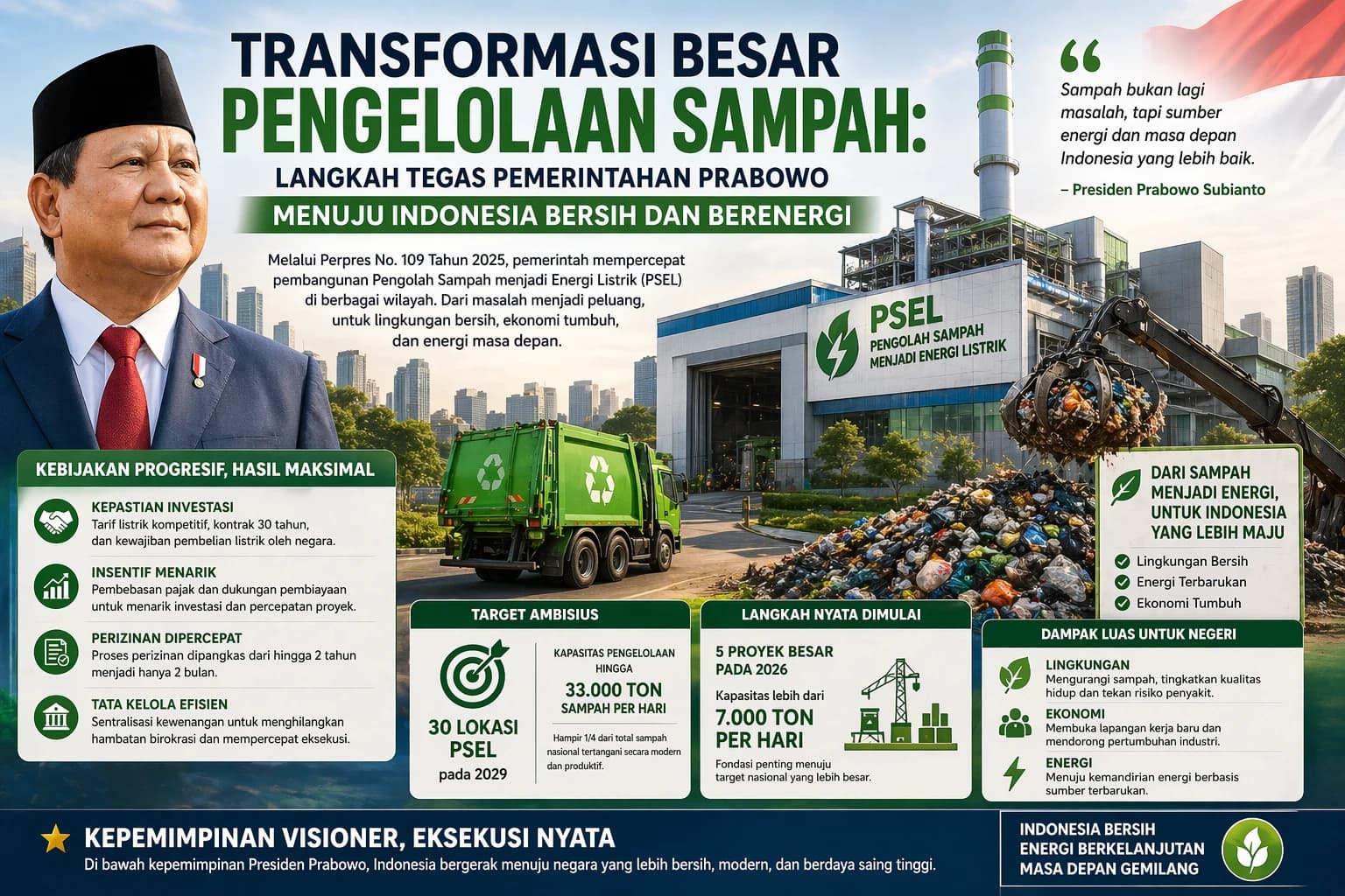 Melalui kebijakan strategis yang dituangkan dalam Peraturan Presiden Nomor 109 Tahun 2025, pemerintah mendorong percepatan pembangunan fasilitas Pengolah Sampah menjadi Energi Listrik (PSEL) di berbagai wilayah.