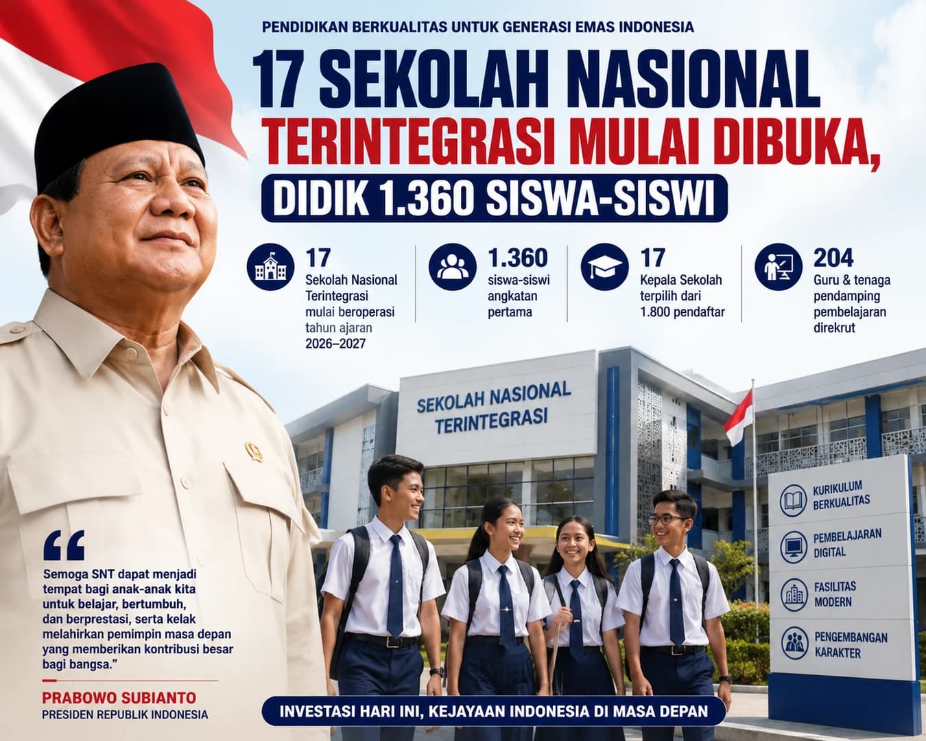Kini, 17 Sekolah Nasional Terintegrasi (SNT) mulai beroperasi dan menjadi rumah pendidikan bagi 1.360 siswa angkatan pertama.

Bukan sekadar membangun gedung sekolah. Pemerintah menyiapkan guru, kepala sekolah, sistem pembelajaran digital, hingga ekosistem pendidikan agar anak-anak Indonesia memiliki bekal menghadapi masa depan.