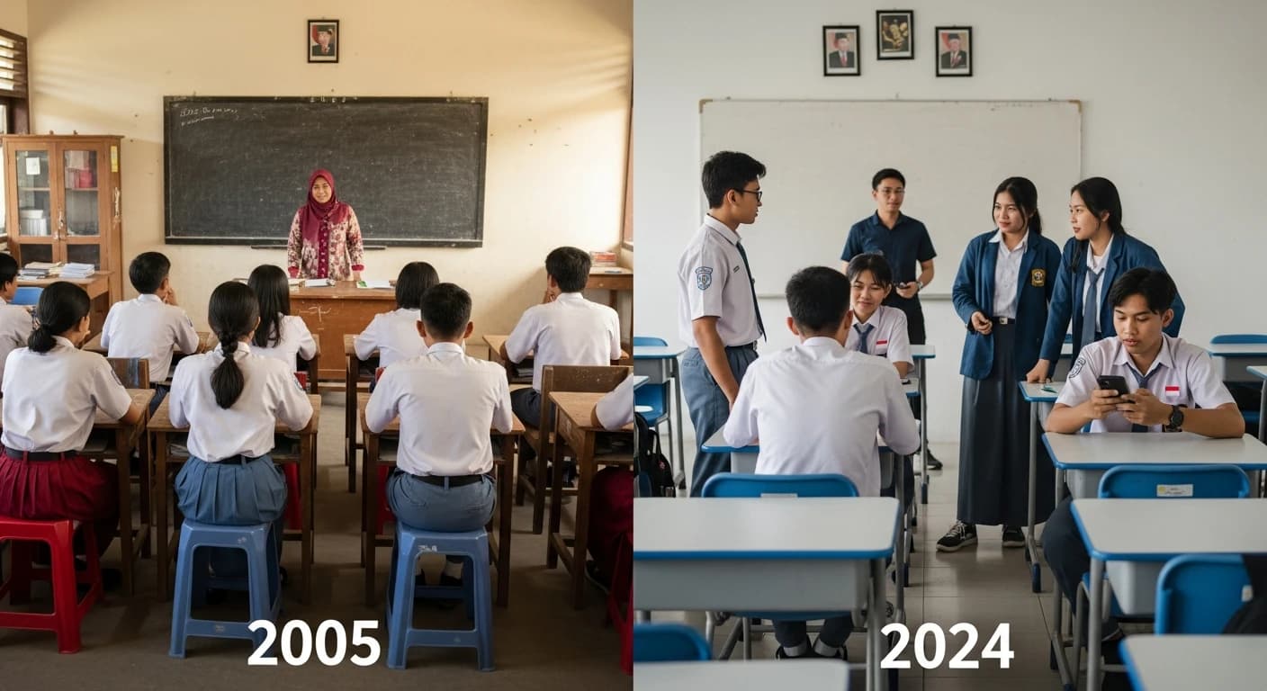 ilustrasi perbandingan siswa dulu dan sekarang 1 (AI Generated/kabarmerpati.id)