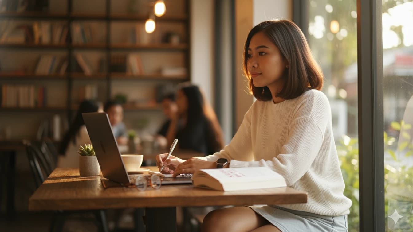 ilustrasi seorang wanita sedang menulis di cafe (AI Generated:kabarmerpati.id) cropped